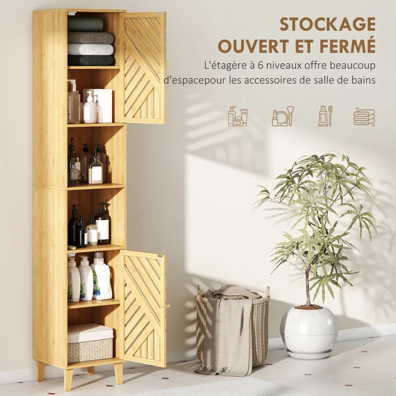 HOMCOM Armoire salle de bain, meuble de rangement colonne, portes en bambou, étagères réglables, 32x30x170cm, bois naturel
