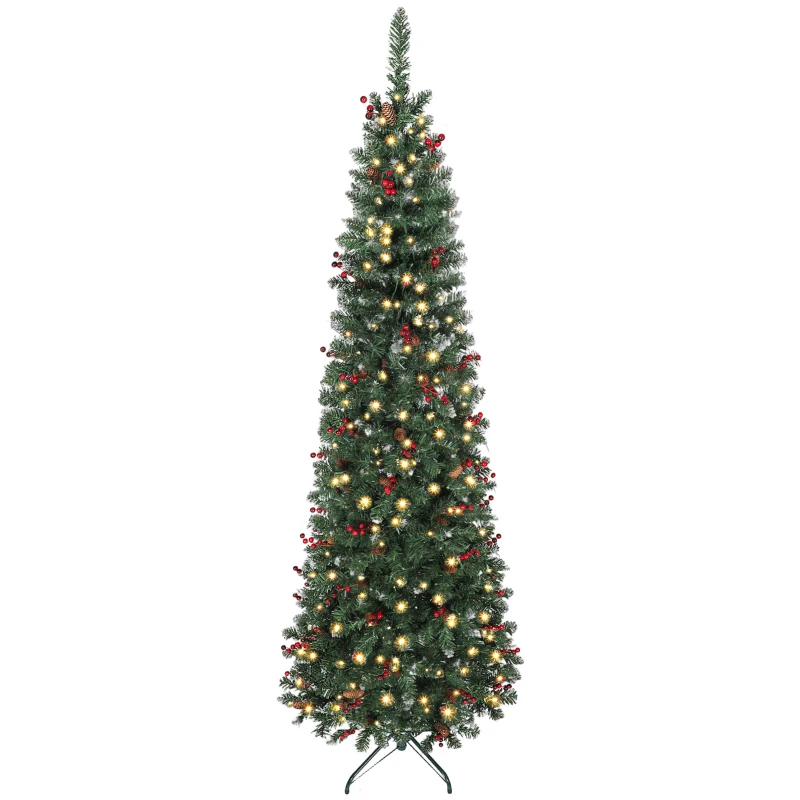 HOMCOM Sapin de Noël Artificiel Étroit 230 cm avec Lumières LED 8 Modes d'Éclairage 761 Branches Pommes de Pin Baies et Support Vert