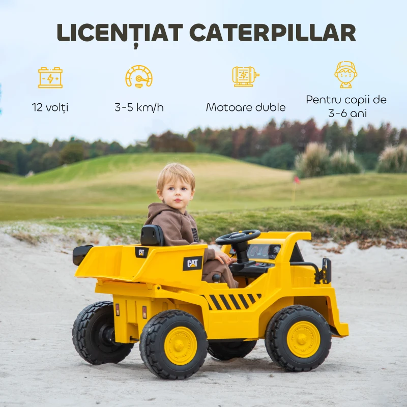 AIYAPLAY Excavator de Călărit cu Licență, cu Telecomandă, Tractor pentru Copii cu Cupă, Lopată, Muzică, Difuzor, Faruri, 110x70.5x61.5 cm, Galben(m-4)