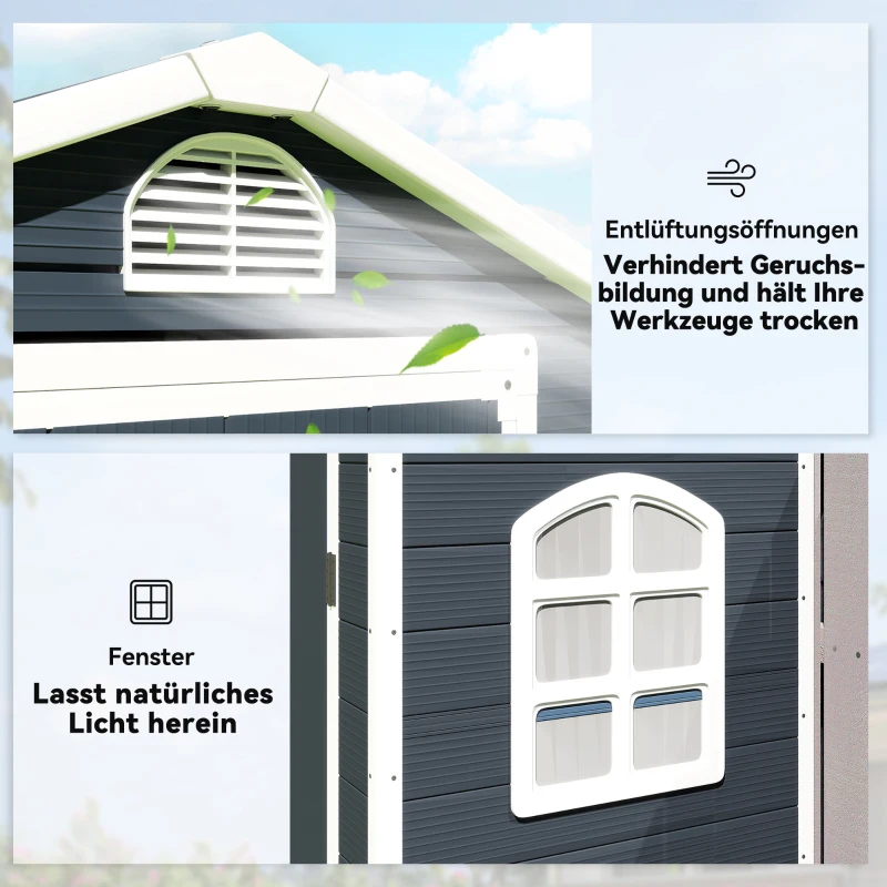 Outsunny Gerätehaus Kunststoff 1,9m² 134x104x204cm Geräteschuppen mit Satteldach Tür wetterfest Gartenhaus Outdoor Garten Schuppen Schrank für Hinterhof Außenbereich Dunkelgrau