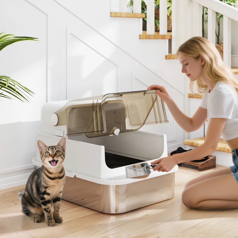 PawHut Lettiera per Gatti Chiusa in Acciaio Inossidabile, con Pala, 70 x 50 x 46,5 cm, Bianco