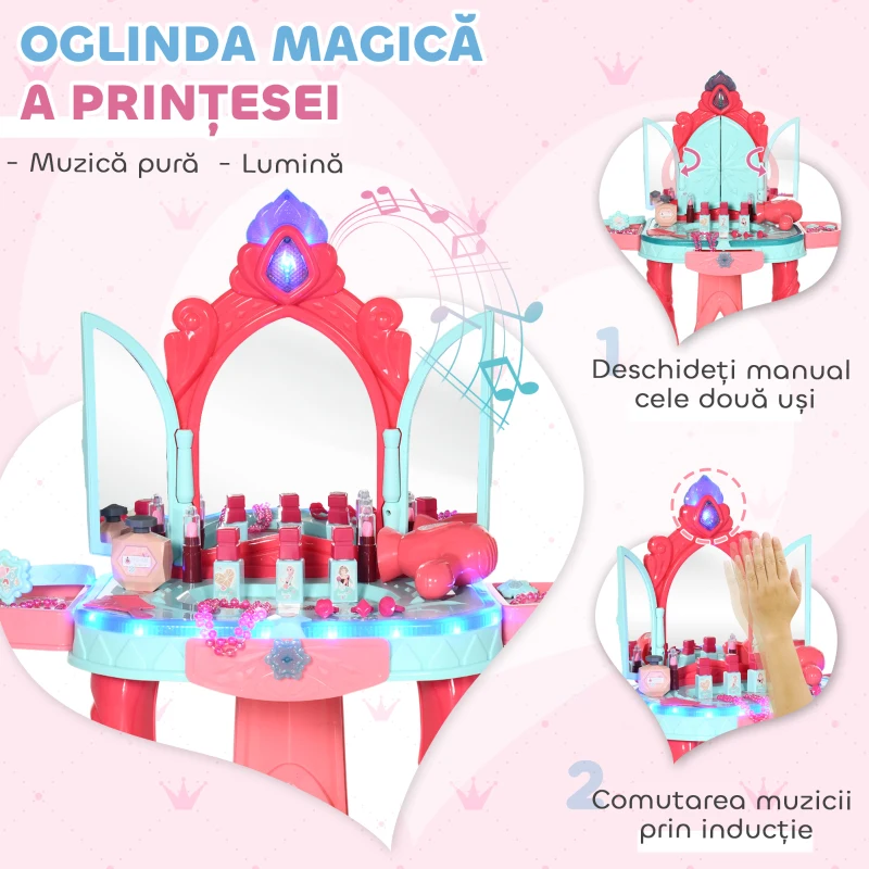 AIYAPLAY Masă de Machiaj pentru Fetițe cu Scăunel, Oglindă, Lumini și Accesorii, 57x34x76 cm, Multicolor