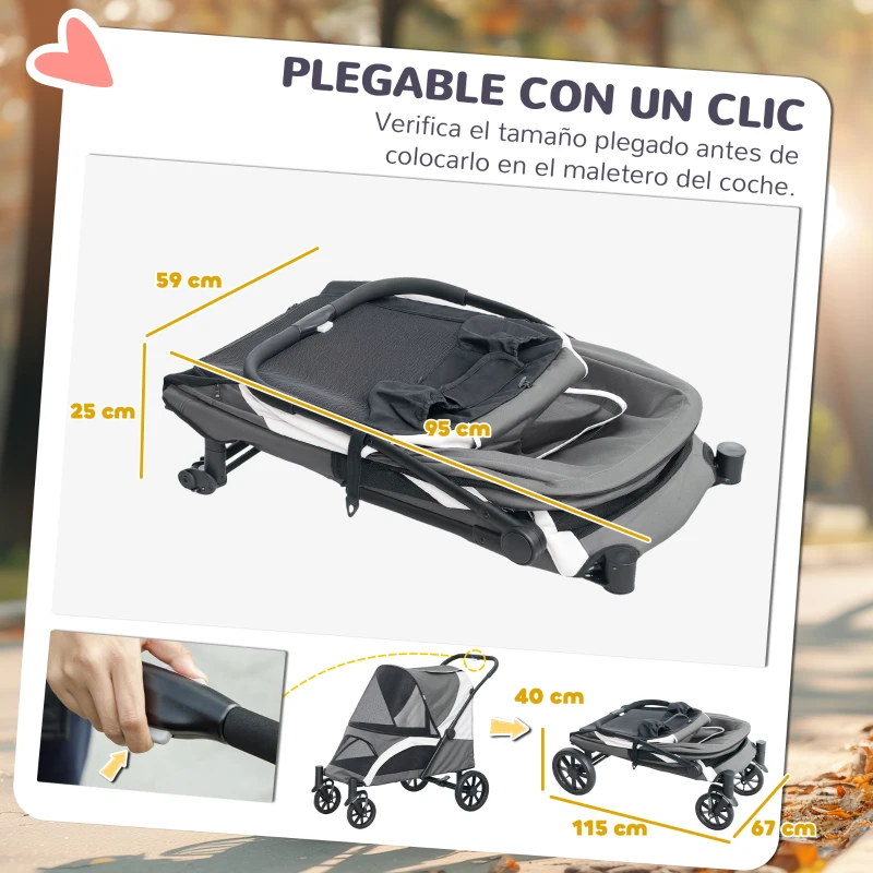 PawHut Carrito para Perros Plegable con Ventanas de Malla Cojín Lavable Correas de Seguridad 124x67x100 cm Gris Oscuro