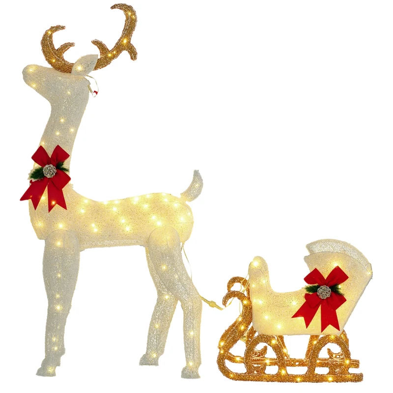 Outsunny Reno con Trineo Luminoso Decoración de Navidad con 170 LED Blanco Cálido para Interior Exterior Jardín 59x29x118 cm