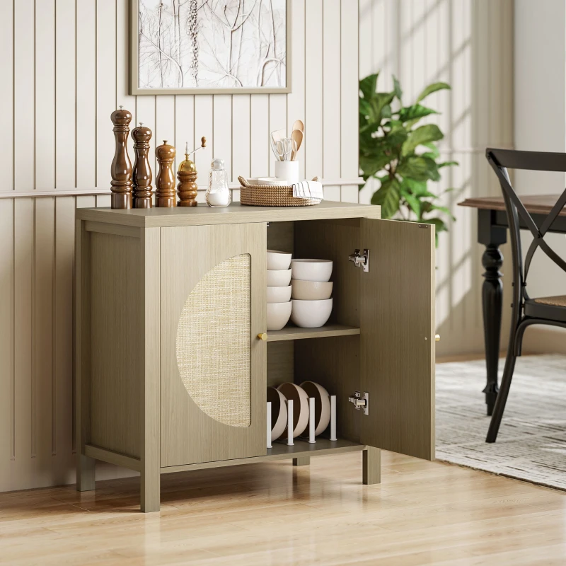 HOMCOM Aparador de Cocina con 2 Puertas de Ratán Estante Ajustable y 2 Tiradores 75x38x77 cm Madera Natural