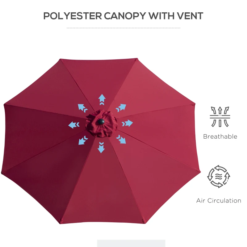 Outsunny 3m Parasol Patio Umbrella, Outdoor Sun Shade with Tilt and Crank Handle for Balcony, Bench, Garden, Wine Red