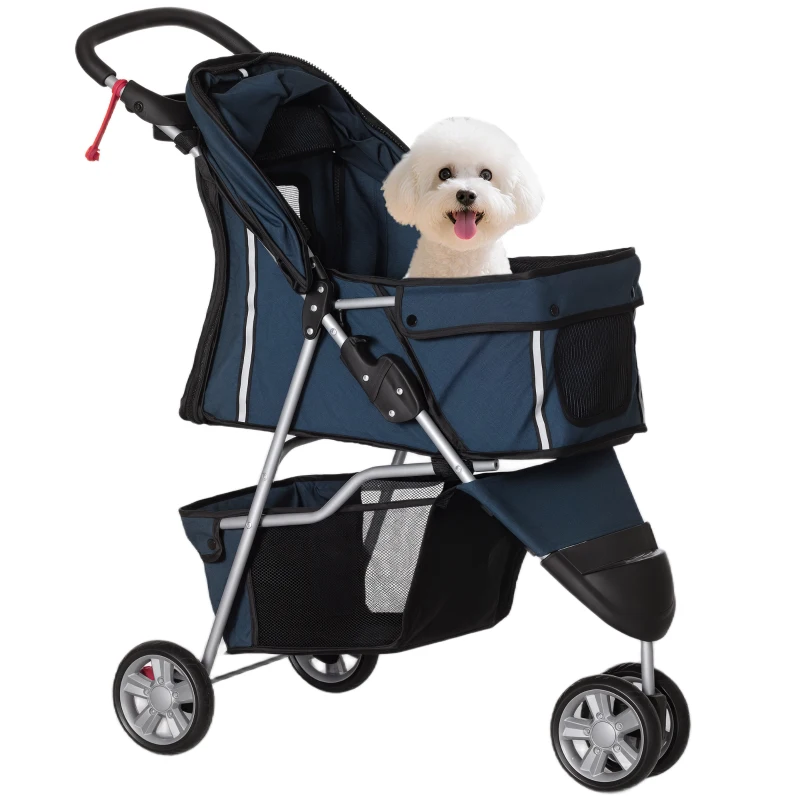 PawHut Carrito para Perros Pequeños con Cesta de Almacenaje Ventanas de Malla y 2 Ruedas Universales 75x45x97 cm Azul Oscuro