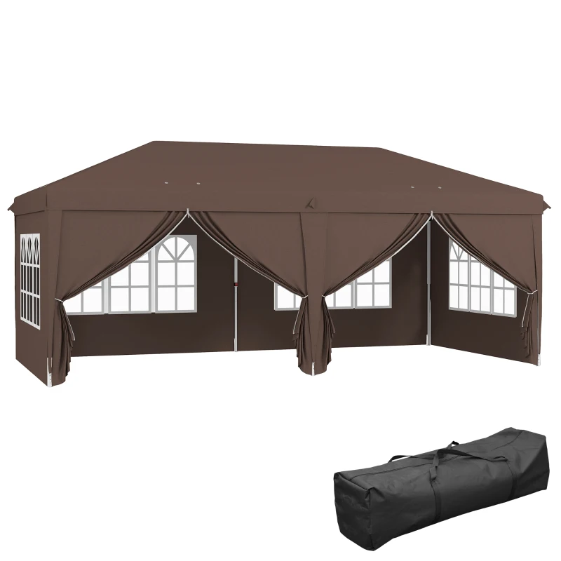 Outsunny 3 x 6 m Pop Up Gazebo with Sides and Windows, Height Adjustable Party Tent with Storage Bag for Garden, Camping, Event, Brown(m-1)