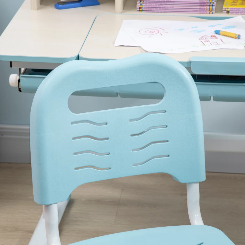 HOMCOM Set Scrivania e Sedia per Bambini da 3 Anni Regolabile, Tavolo Inclinabile a 60° con Cassetto e Ripiani, Blu