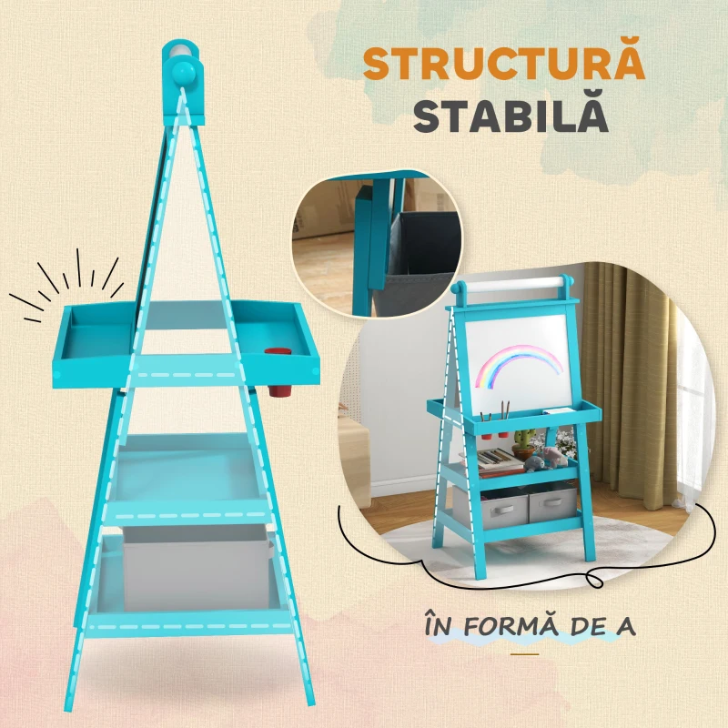 AIYAPLAY Tablă de Desen Dublă cu Magnet, Sul de Hârtie și Depozitare, Pentru Copii 3-6 Ani, 59x48x118 cm, Albastru