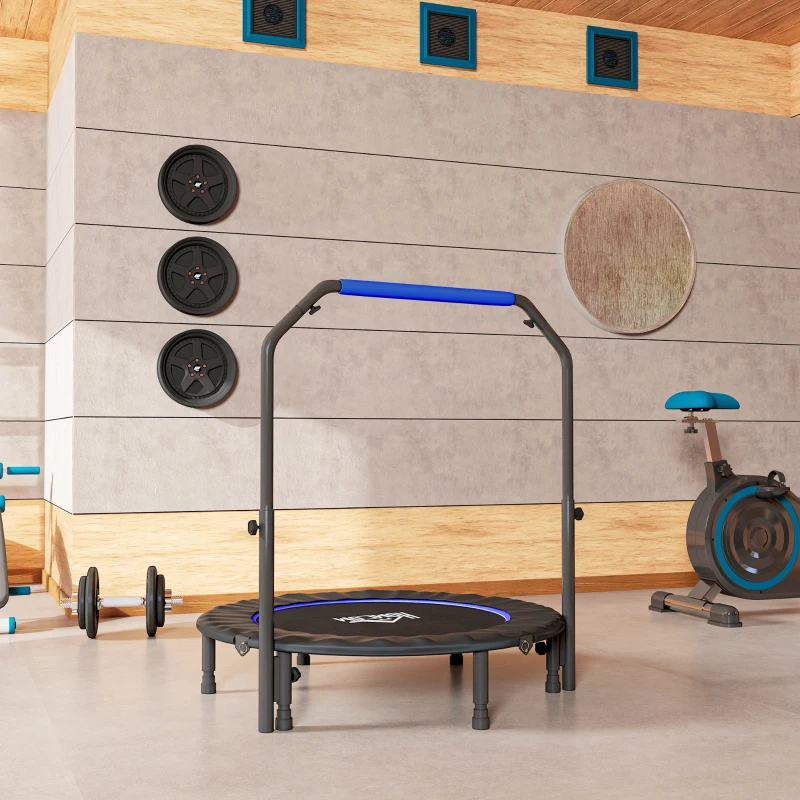 HOMCOM Trampolino Fitness Pieghevole Ø114 cm con Manico Regolabile, in Acciaio, Blu e Nero
