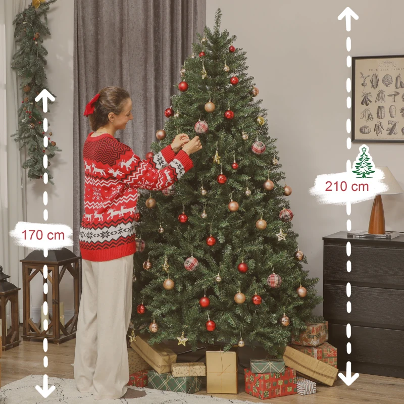 HOMCOM Albero di Natale artificiale 210 cm, realistico con 2641 punte di rami, supporto in metallo, Verde
