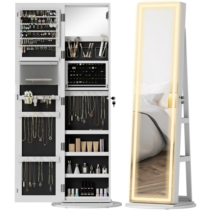 HOMCOM Storage Jewellery Cabinet, with Mirror and Lights - White
