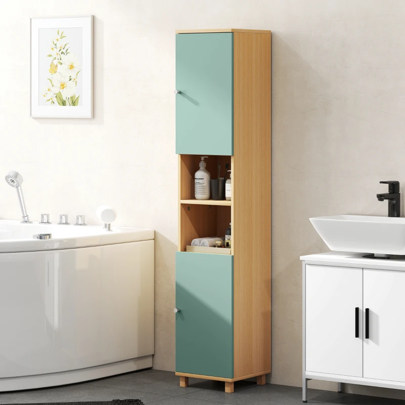HOMCOM Mobiletto da bagno con 2 ante e 2 scomparti aperti, ripiani regolabili, 30 x 30 x 166 cm, Verde