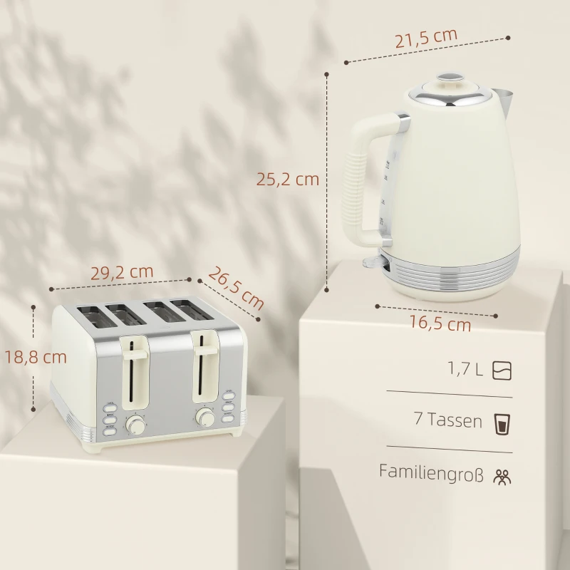 HOMCOM Set de Hervidor y Tostadora, 1,7 L, 2200W, Termostato Strix, Filtro, Tostadora de 4 Ranuras, 7 Niveles de Tostado, Bandeja de Migas