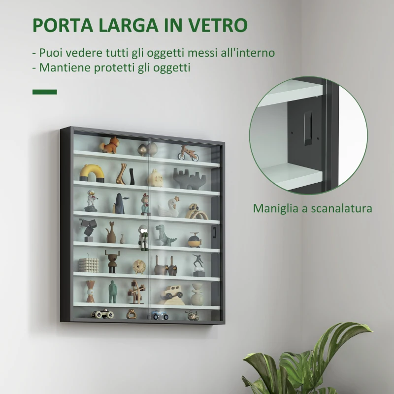 HOMCOM Bacheca Portaoggetti a 5 Ripiani Regolabili in Legno con Ante in Vetro, 80x9.5x83 cm, Bianco e Nero