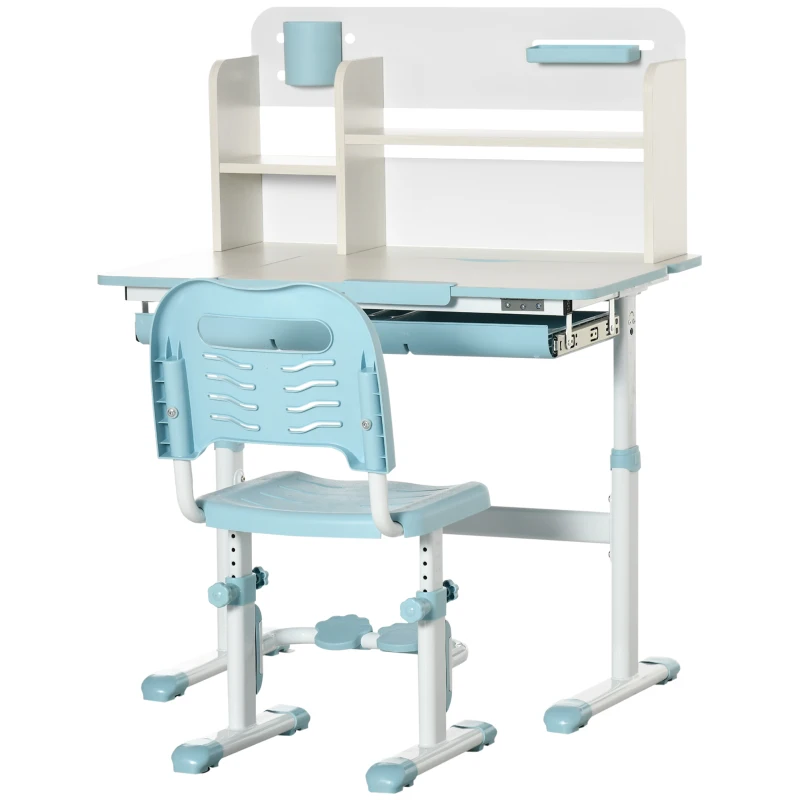 HOMCOM Set Scrivania e Sedia per Bambini da 3 Anni Regolabile, Tavolo Inclinabile a 60° con Cassetto e Ripiani, Blu