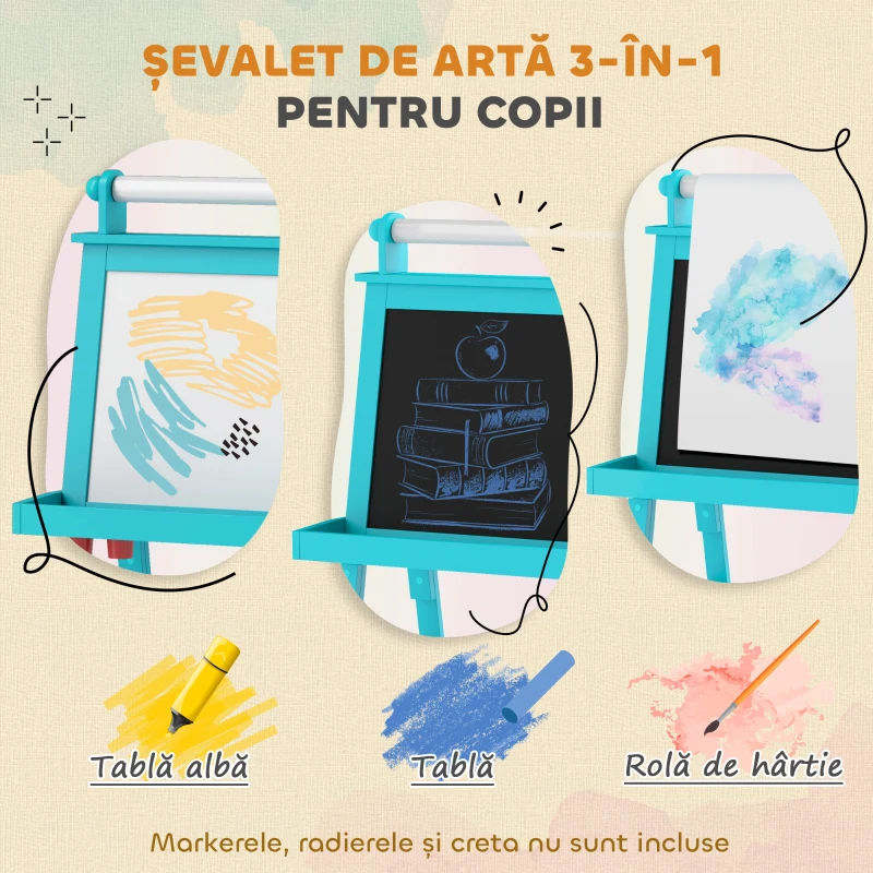 AIYAPLAY Tablă de Desen Dublă cu Magnet, Sul de Hârtie și Depozitare, Pentru Copii 3-6 Ani, 59x48x118 cm, Albastru