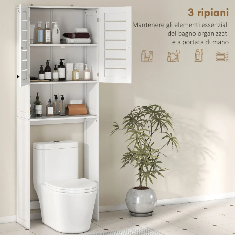 HOMCOM Mobile Sopra WC con Armadietto a 2 Ante e Ripiano Aperto, in Legno Bianco, 67x31.5x190 cm