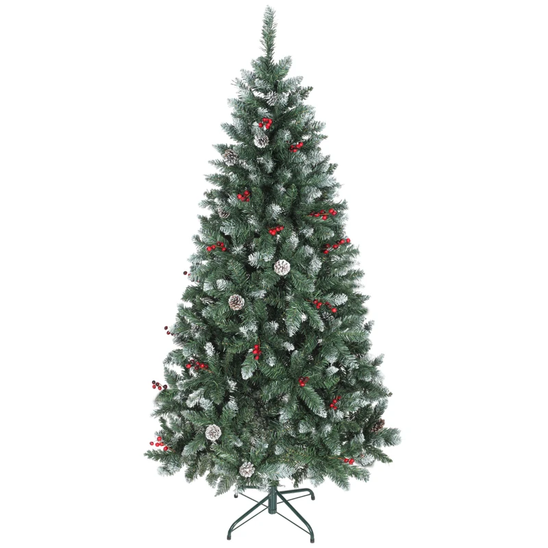 HOMCOM Weihnachtsbaum Höhe 180 cm für den Innenbereich mit 620 Spitzen, Zapfen und Roten Beeren, Metallfuß, Grün