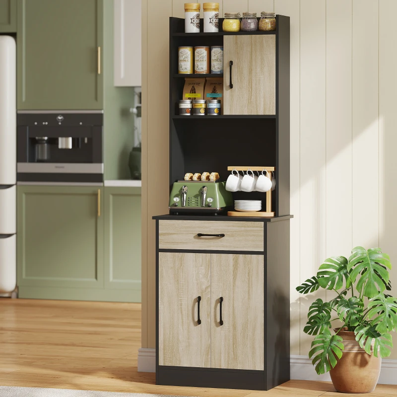 HOMCOM Mobile Dispensa in Legno con Cassetto, 2 Ripiani Aperti e Armadietti, 60x40x180 cm, Nero e color Legno