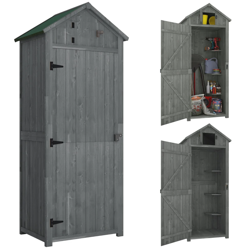 Outsunny Garden Shed Vertical Utility 3 Shelves Shed Wood Outdoor Garden Tool Storage Unit Storage Cabinet, 77 x 54.2 x 179cm - Grey