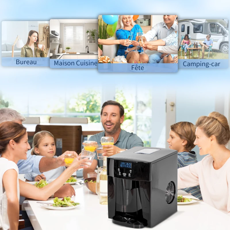HOMCOM Máquina de hielo con dispensador de agua, fabricante de hielo, 12kg en 24h, 9 cubitos en 6-10 minutos, 25,2x38,9x36,3cm, negro