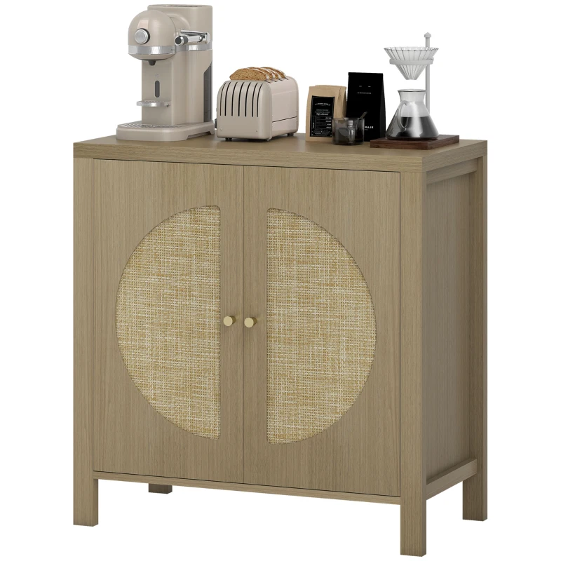 HOMCOM Buffet cuisine, meuble de rangement avec 2 portes effet rotin et étagère réglable, 75 x 38 x 77 cm, bois naturel