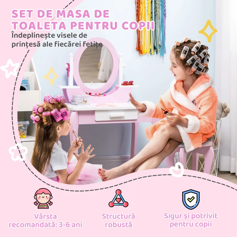 ZONEKIZ Set de Toaletă Machiaj, Măsuță de Machiaj cu Oglinzi și Taburet pentru Copii, Vârsta 3-6 Ani, 65,5x46x93 cm, Roz