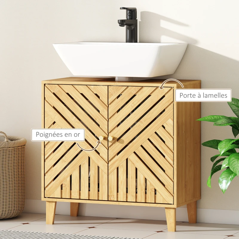 HOMCOM Meuble sous lavabo, meuble de salle de bain en bambou avec étagère réglable et portes à lattes 60 x 30 x 60 cm, naturel