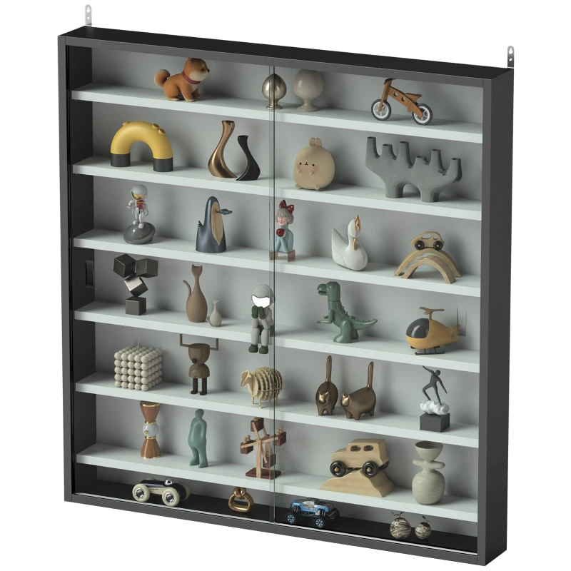 HOMCOM Estante de Exhibición de 6 Estantes Ajustables en Madera con Puertas de Cristal, 80x9.5x83 cm, Blanco y Negro