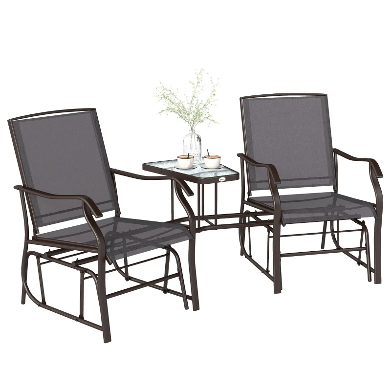 Outsunny Gliding Jack and Jill Seat, with Glass-Top Table - Brown/Grey