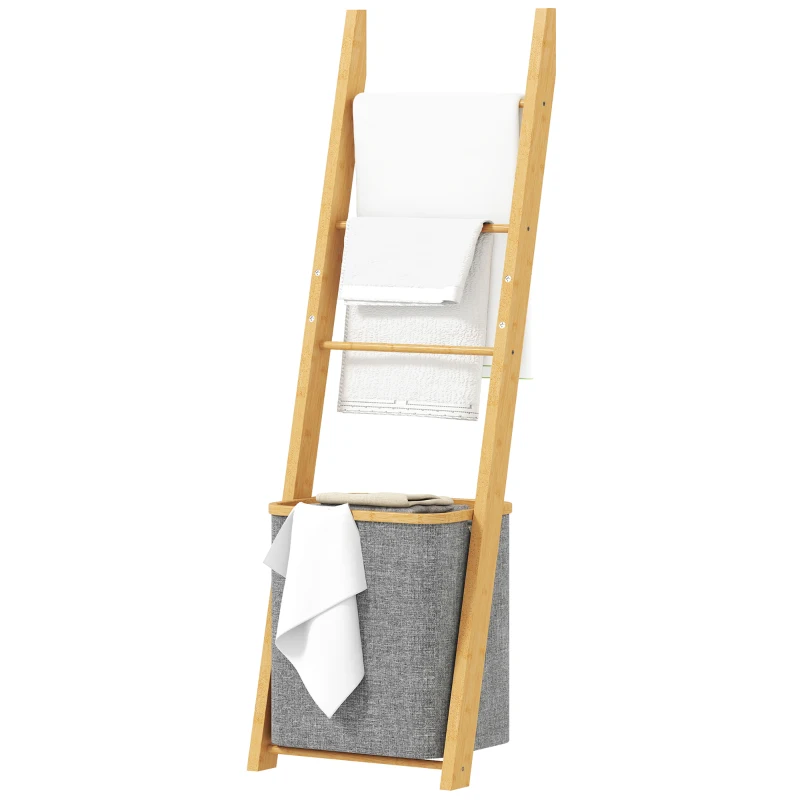 HOMCOM Porte-serviettes bambou avec panier à linge, échelle porte-serviettes avec 1 panier à linge, 43 x 35 x 133 cm, gris