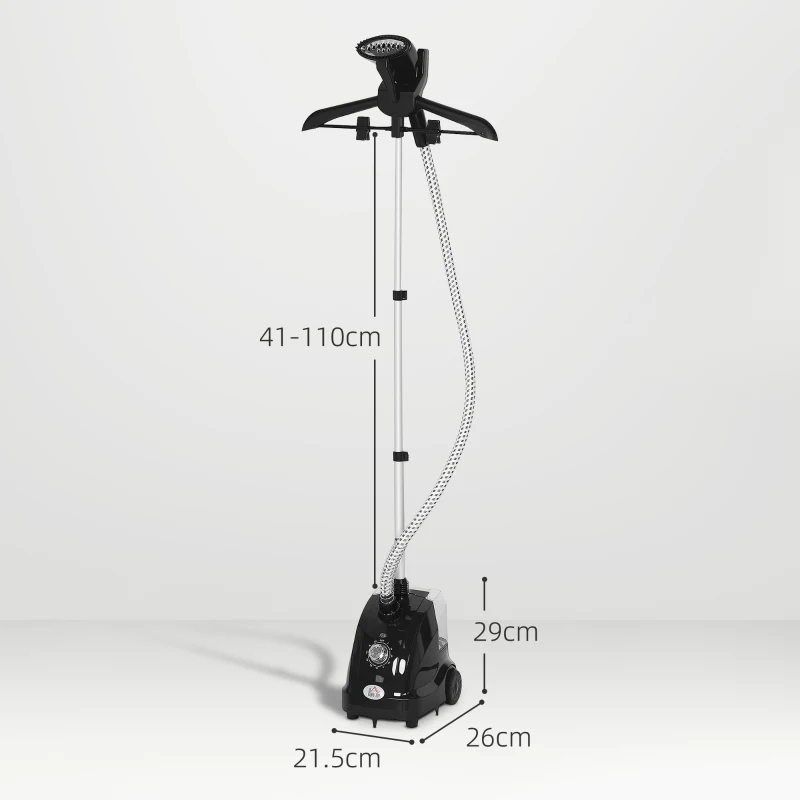 HOMCOM Aparat de Călcat Vertical cu Abur 1.4L cu Bară Extensibilă și 2 Roți Negru