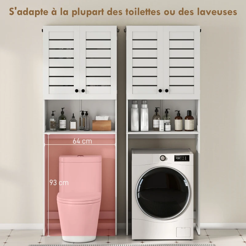 HOMCOM Meuble WC dessus de toilette/machine à laver avec placard à porte double, portes à persiennes, 67x31,5x190cm, blanc