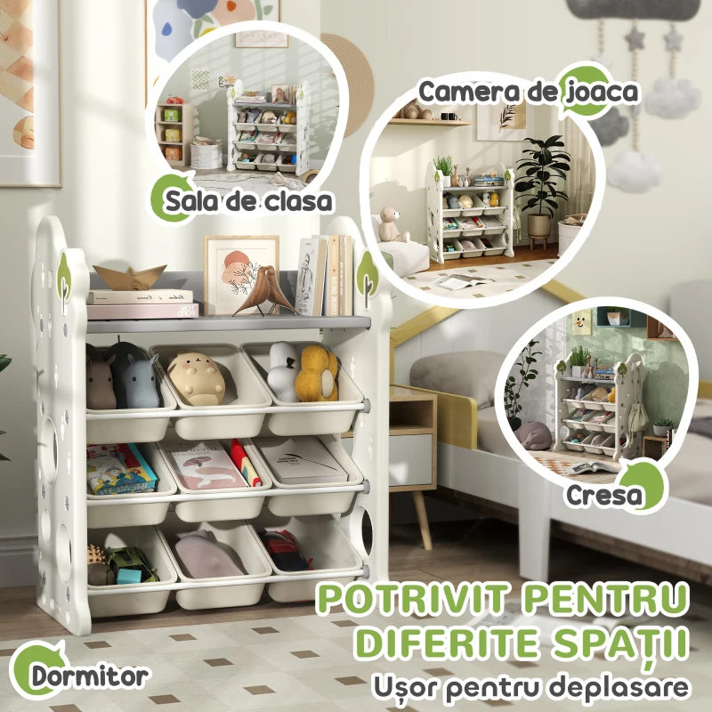 AIYAPLAY Etajeră pentru Copii, Organizator de Depozitare Jucării cu 4 Niveluri și 9 Coșuri, 77x42x94 cm, Crem Alb