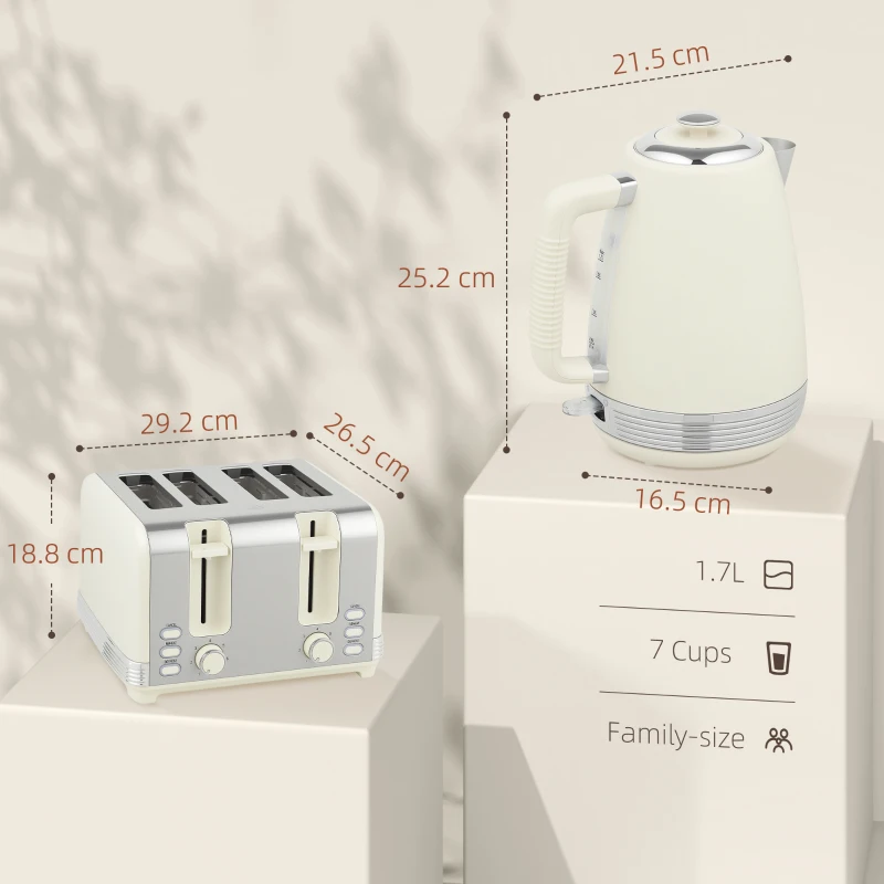 HOMCOM Set bollitore e tostapane a 4 fette con 7 livelli di doratura, Capacità 1,7 L, Potenza 2200W, Crema