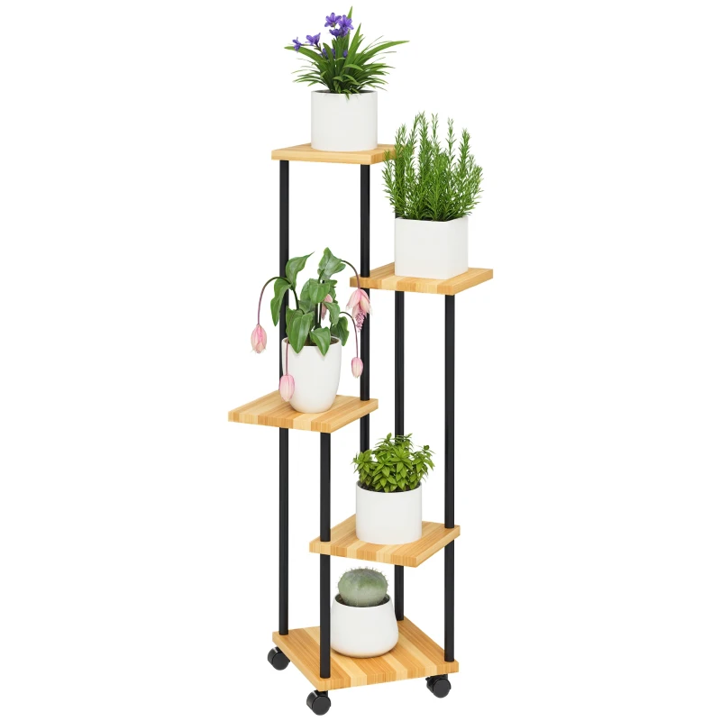 Outsunny Suport pentru Plante cu 5 Niveluri pentru Interior și Exterior, Etajeră cu 4 Roți din Oțel și Lemn, Natural