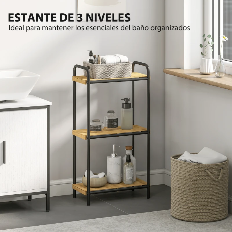 HOMCOM Estantería de Baño de Bambú con 3 Baldas Abiertas Diseño de Lamas y Estructura de Acero 41,5x21,5x77,5 cm Natural