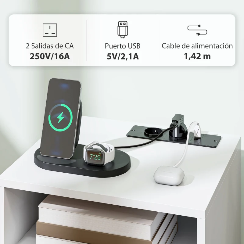 HOMCOM Mesilla de Noche con Estación de Carga Cajón 2 Tomas AC Puerto USB Tipo-C Compartimento Abierto Patas de Madera Blanco