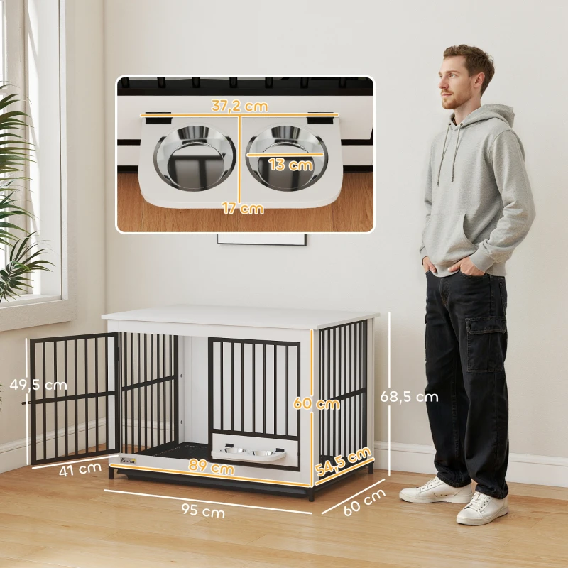 PawHut Jaula grande para perros, acceso fácil, cerrable, soporte de cuenco giratorio, para perros pequeños y grandes, Blanco