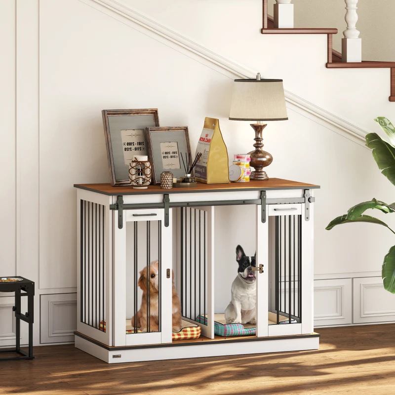 PawHut Hondenkooi met 2 Deuren, Hondenbox, Transportbox voor Honden, Rustiek Ontwerp, Vergrendelbaar, Wit(m-10)
