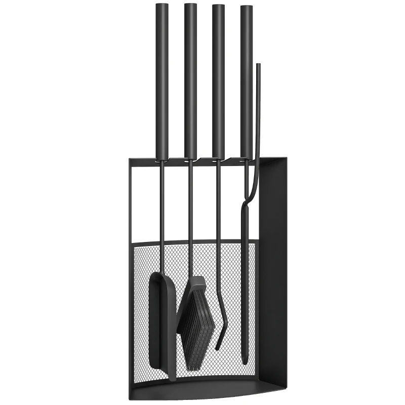 Outsunny Kaminbesteck Set 5teilig Kaminzubehör mit Besen, Schaufel, Schürhaken Zange Ständer Metall, Schwarz