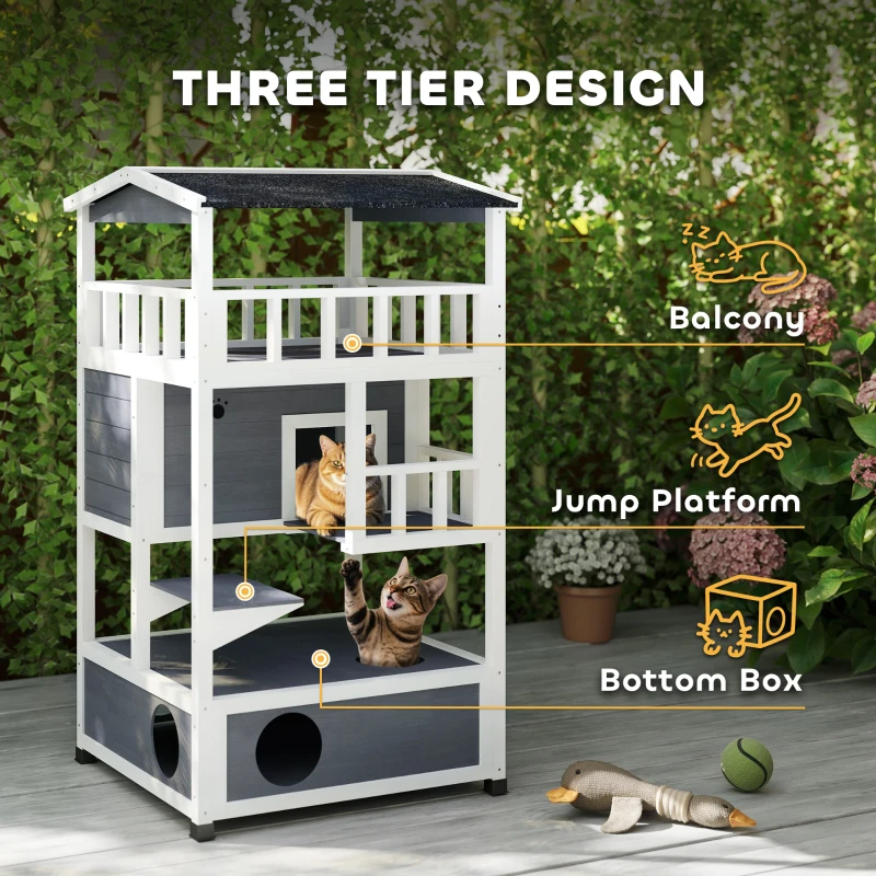 PawHut Wooden Cat House Den 3-Tier Outdoor Kitten Shelter Lodge w/ Tilted Roof Terrace Jump Step Bottom Tray Elevated Base Waterproof Paint 140 x 78 x 76cm Grey