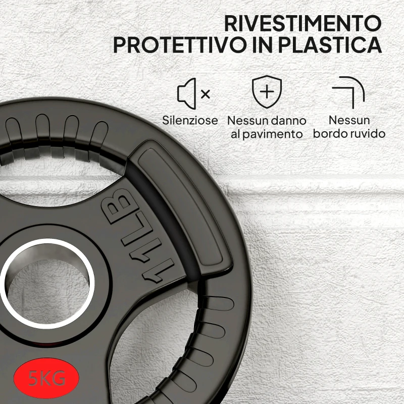 SPORTNOW Set di Dischi Pesi 2x5 kg con Foro da 5 cm e 3 Impugnature, Acciaio con Rivestimento in Plastica, Nero