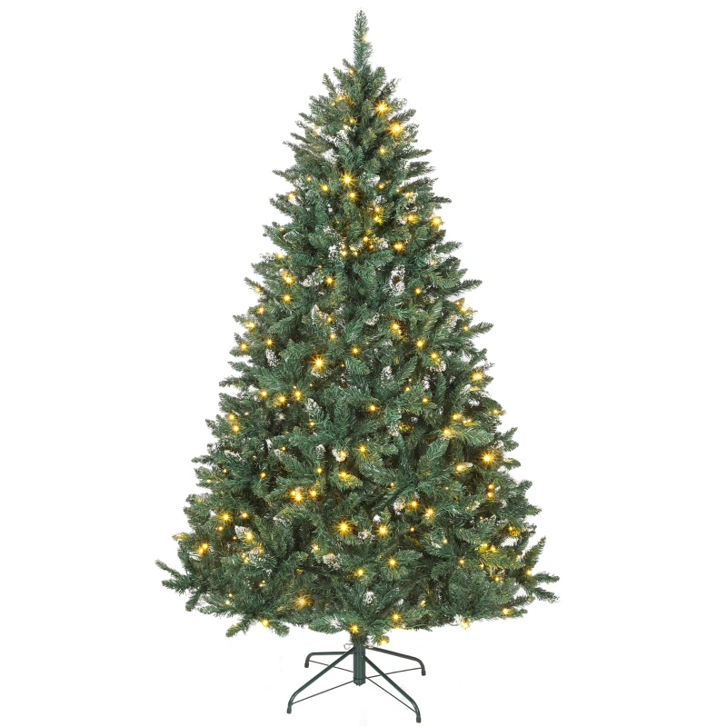 HOMCOM Weihnachtsbaum Tanne 210 cm mit LED-Lichtern 9 Beleuchtungsmodi 1160 Zweige mit künstlichem Schnee Grün