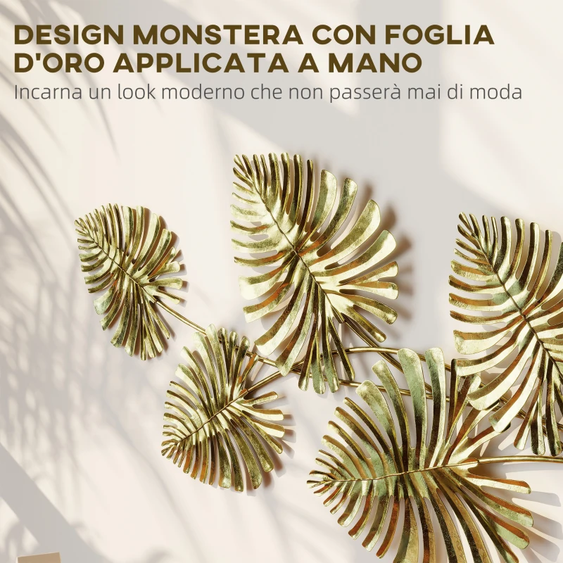 HOMCOM Wall Art a 5 Foglie di Monstera in Metallo Dorato con Accessori per Montaggio Inclusi, 83x2.5x39 cm