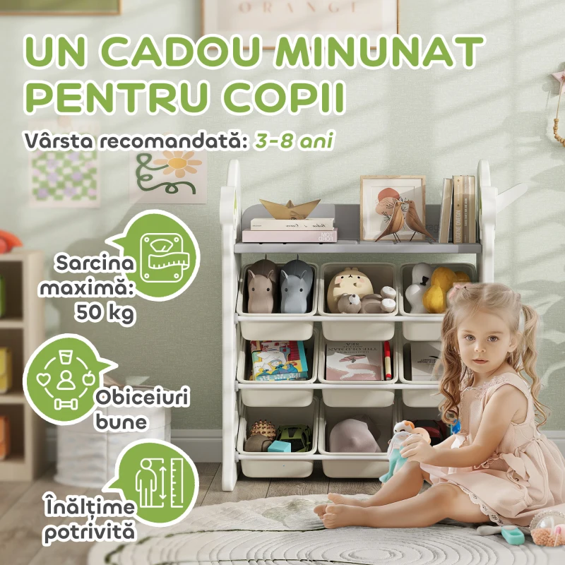 AIYAPLAY Etajeră pentru Copii, Organizator de Depozitare Jucării cu 4 Niveluri și 9 Coșuri, 77x42x94 cm, Crem Alb