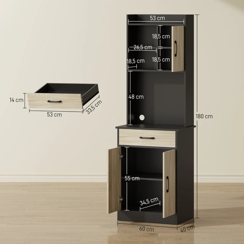 HOMCOM Buffet haut cuisine, armoire de cuisine, tiroir, 3 portes, étagères ouvertes, plan de travail, 60x40x180cm, bois naturel(m-3)
