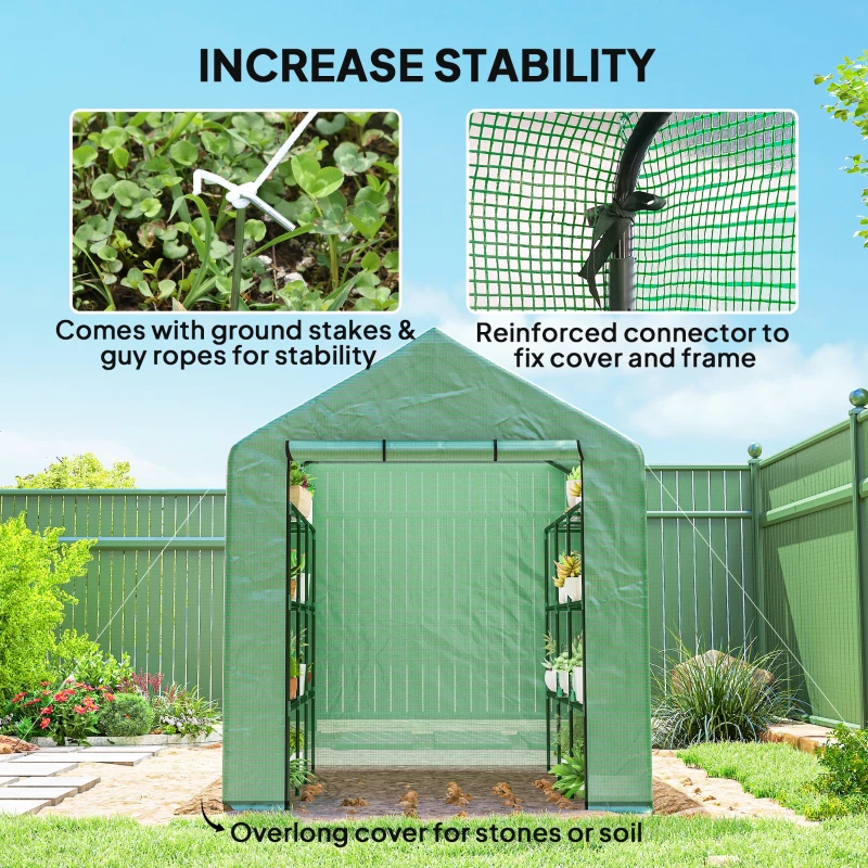 Outsunny Walk-in Greenhouse, 4 Tier 24 Shelves Portable Grow House with Roll-up Door, Dimensions 244 x 180 x 210cm, Green